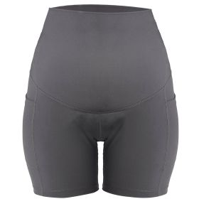 Women Maternity Shorts Seamless Pregnancy Underwear Shapewear Fitness Yoga Running Shorts High Waist Over The Belly Pants with Two Side Pockets (Option: GRY_XL)