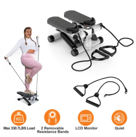 Exercise Stepper for Women Mini Fitness Stepper with 2 Resistance Bands LCD Monitor Max 330.7LBS Load Stair Stepper Quiet Stepper (Color: Grey)